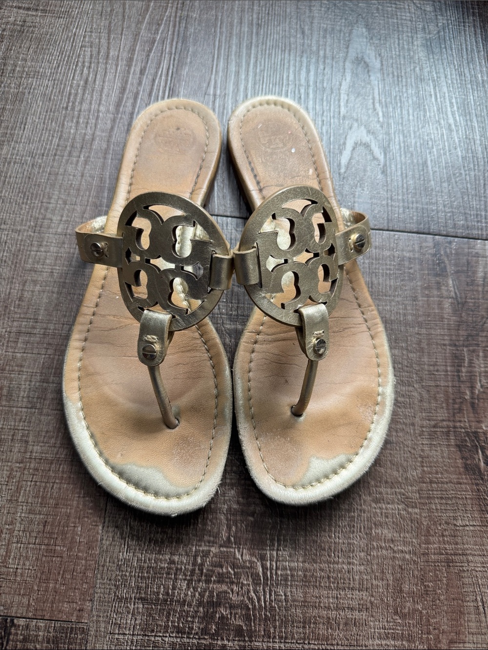 Tory Burch Metallic Gold Miller Logo Thong Sandals